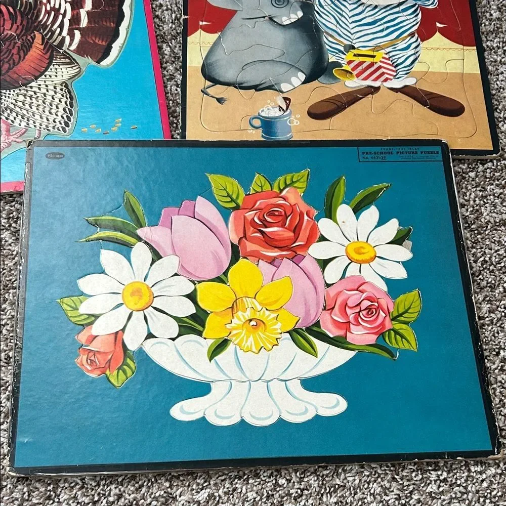 Vintage pre-k Floral & Animal Jigsaw Puzzle Lot - Bright Turquoise, Red, Pink